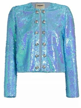 L'AGENCE Cerise Collarless Iridescent Aqua Sequin Button Jacket
